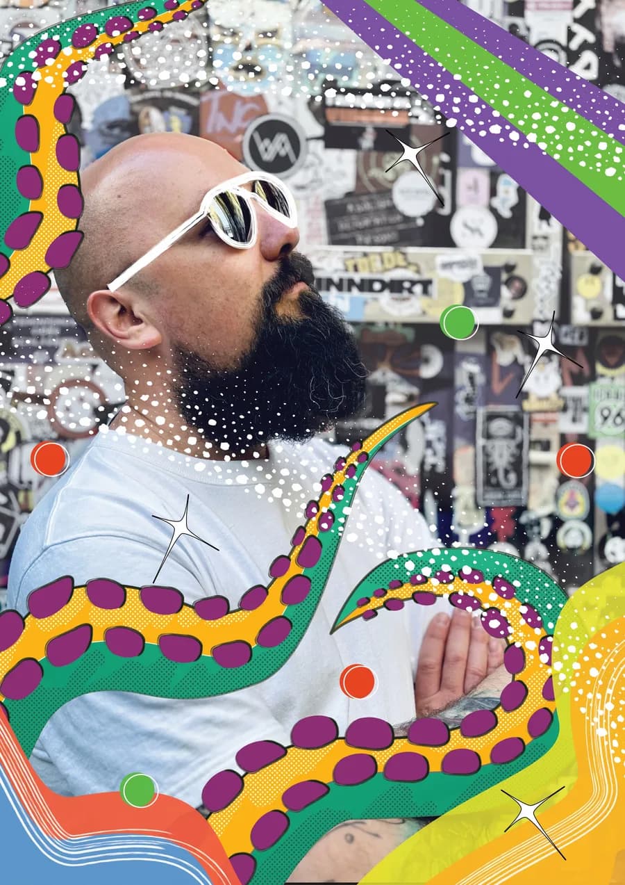 Catalin in white sunglasses, surrounded by colorful illustrated tentacles and stars